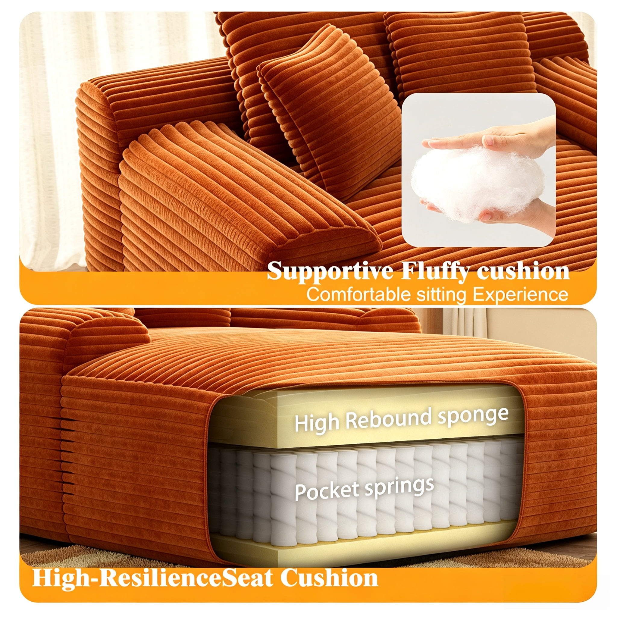 ShiKeyi 65'' Oversized Chaise Lounge Chair Indoor, Boneless Sofa Cloud Deep Seat Sleeper Sofa Bed, Plush Corduroy Chaise Couch with Pillows, No Assembly Required, Orange