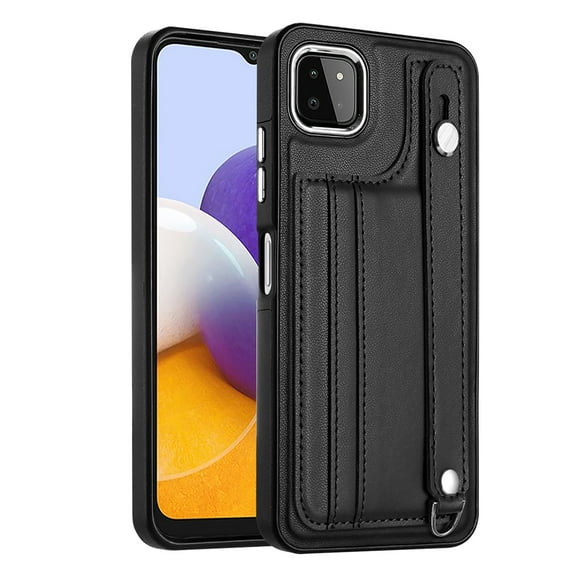 Nalacover Wallet Case for Samsung Galaxy A22 5G, Business PU Leather Unique Design Wristband Kickstand Credit Card Holder Slots Shockproof Scratch Resistant Phone Case for Samsung Galaxy A22 5G,Black