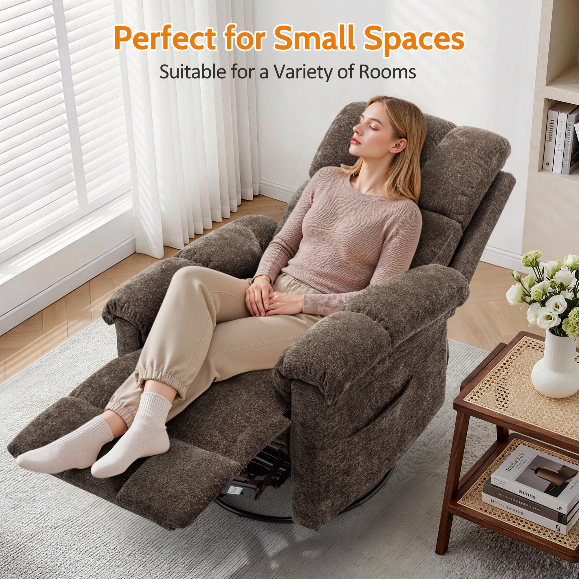 Korser Small Recliners for Small Spaces,Swivel Rocker Recliner Chair with Side Pockets for Living Room,Brown