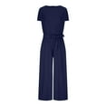thumbnail image 4 of Dazajoo Ladies Summer Jumpsuit Summer Casual Cotton Linen Short Sleeve High Waist Wide Leg Pants Romper with Pockets for Women 2024,Dark Blue,XXXL, 4 of 9