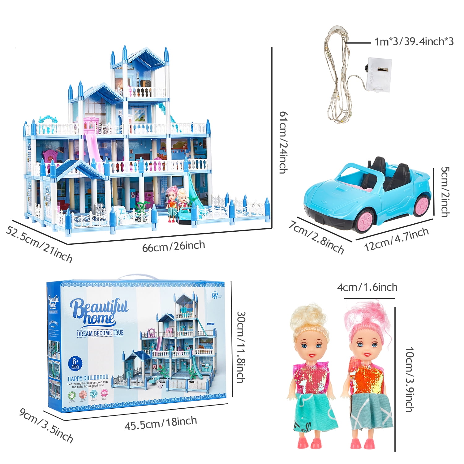 Anpro 4 Stories 14 Rooms Dollhouse for Kids, Princess Dollhouse with Asseccories & Furniture, Pretend Doll House Play Set Toy Age 3+ Toddlers Girls, Blue
