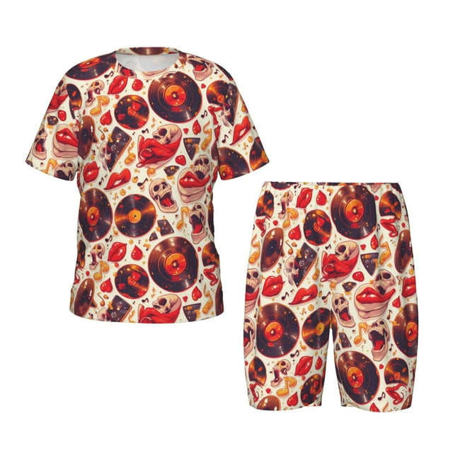 Balery Skull rock record music heart Conjunto de Pijama Infantil de Manga Corta con Estampado – Ropa de Dormir de Algodón Suave-4X-Large