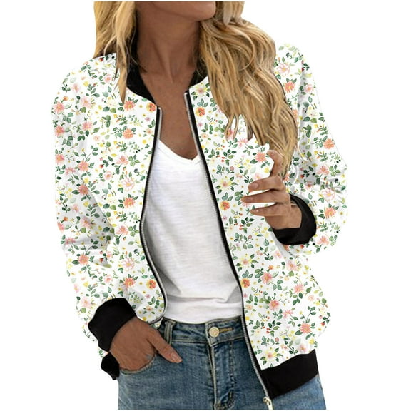 Mnyycxen Women Trendy Bomber Jackets Floral Print Long Sleeve Lightweight Thin Top Zip up Casual Jacket with Pockets