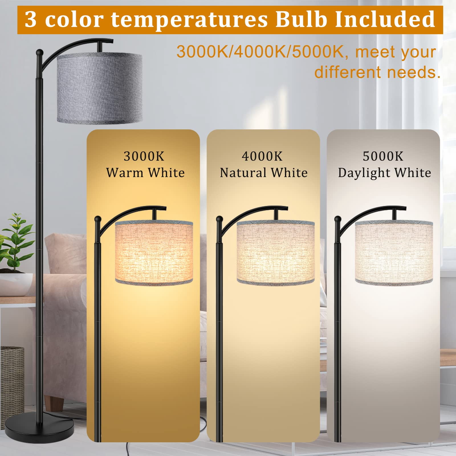 Floor Lamp With 3cct Led Bulb  Gray Linen Shade For Living Room Modern Standing Bedrooms - Black