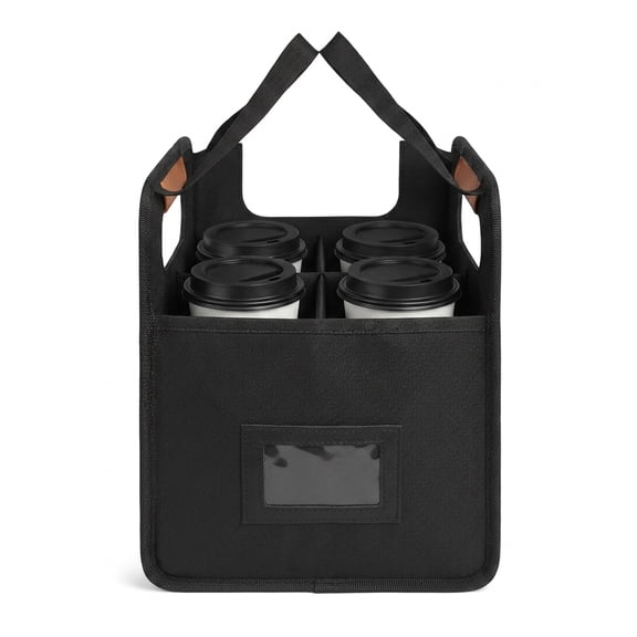 CENLYIN Waterproof Oxford Fabric Drink Carrier with Handle, Foldable Reusable Beverage Caddy, 4-Cup, Black