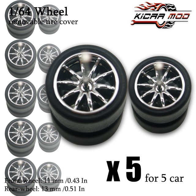 1/64 Front Small Rear Big Wheels with Detachable Slick Rubber Tires for Model Cars Refiting Parts for Hotwheels (5 Sets) RLCBS001