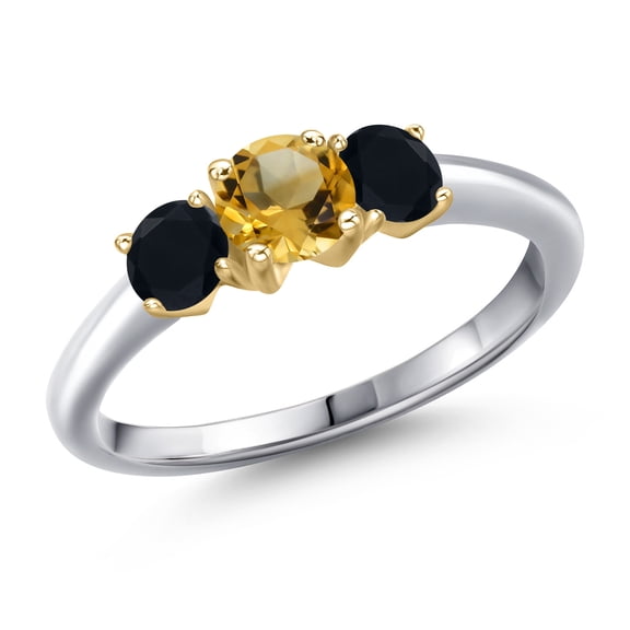 Gem Stone King 925 Silver and 10K Yellow Gold Yellow Citrine and Black Onyx Engagement Ring for Women | 0.89 Cttw | Round 5MM | Gemstone November Birthstone | Size 6