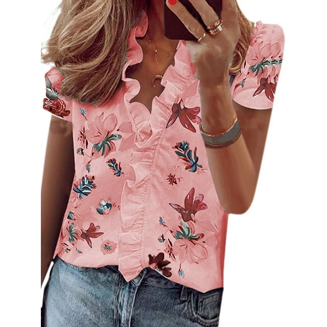 Fashnice Women Blouse Ruffle Tops V Neck Shirts Basic Office Pullover Top Pink 3XL