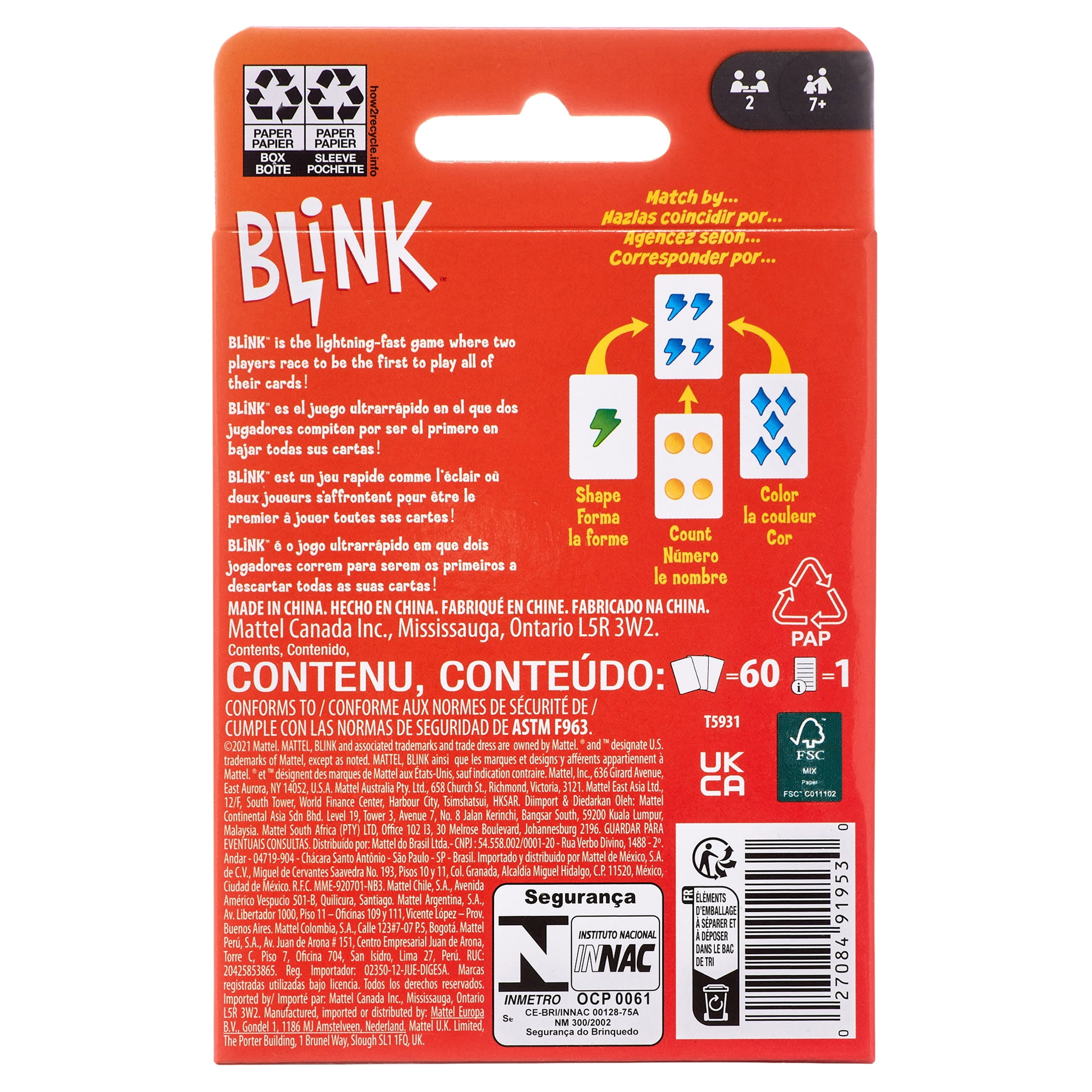 Blink Card Game By Uno The World's Fastest Game! Mattel Games 2 Player  Complete