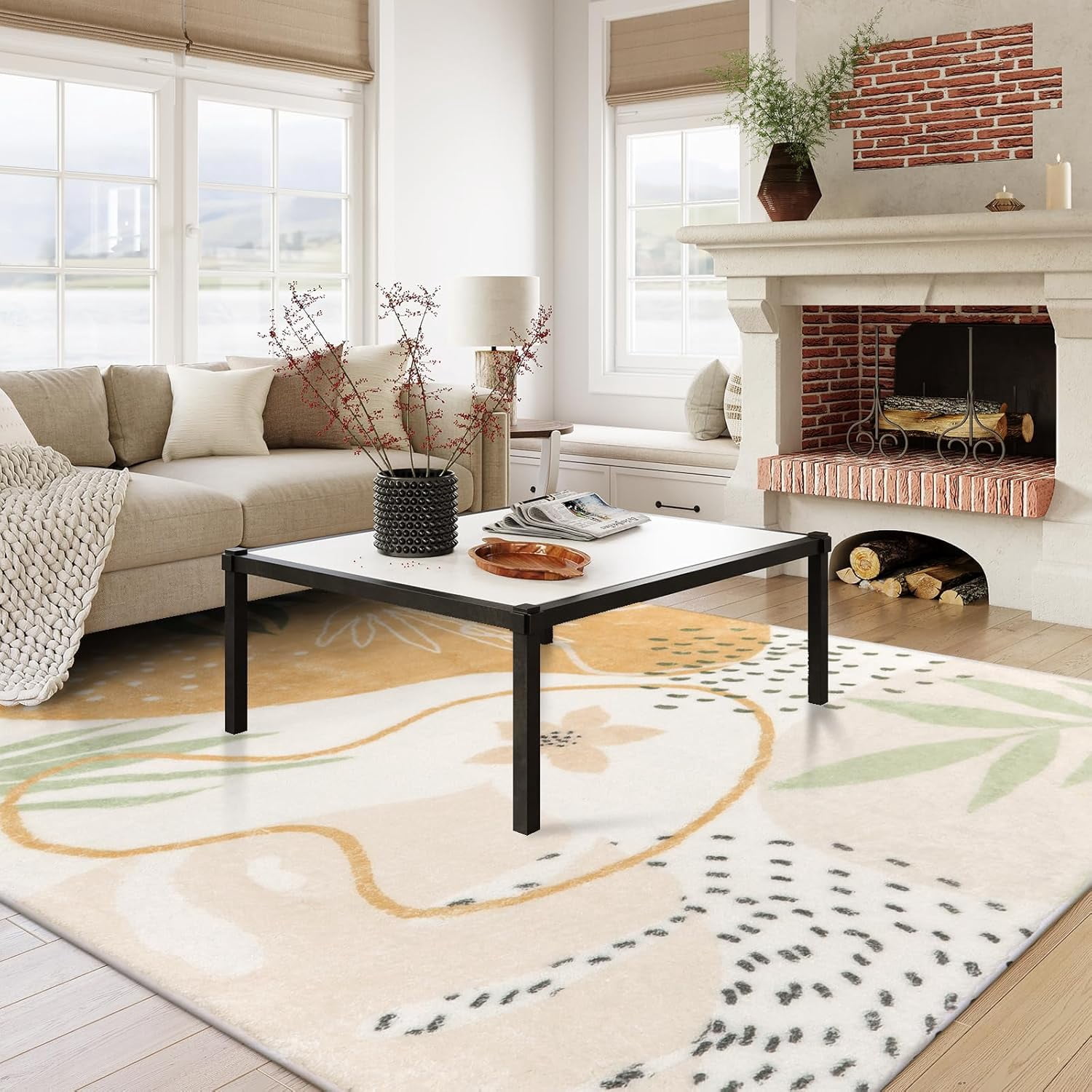 Moynesa 9'x12' Machine Washable Area Rugs,Yellow Non-Slip Large Living Room Rug Lightweight Throw Soft Carpet for Bedroom, Boho Botanical Print Ultra-Thin Indoor Rug for Dining Room
