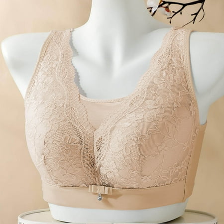 Elvqul Breathable Bras for Women Plus Size Underwire Bralette Lace Nylon Wirefree Beige Underwear Bras