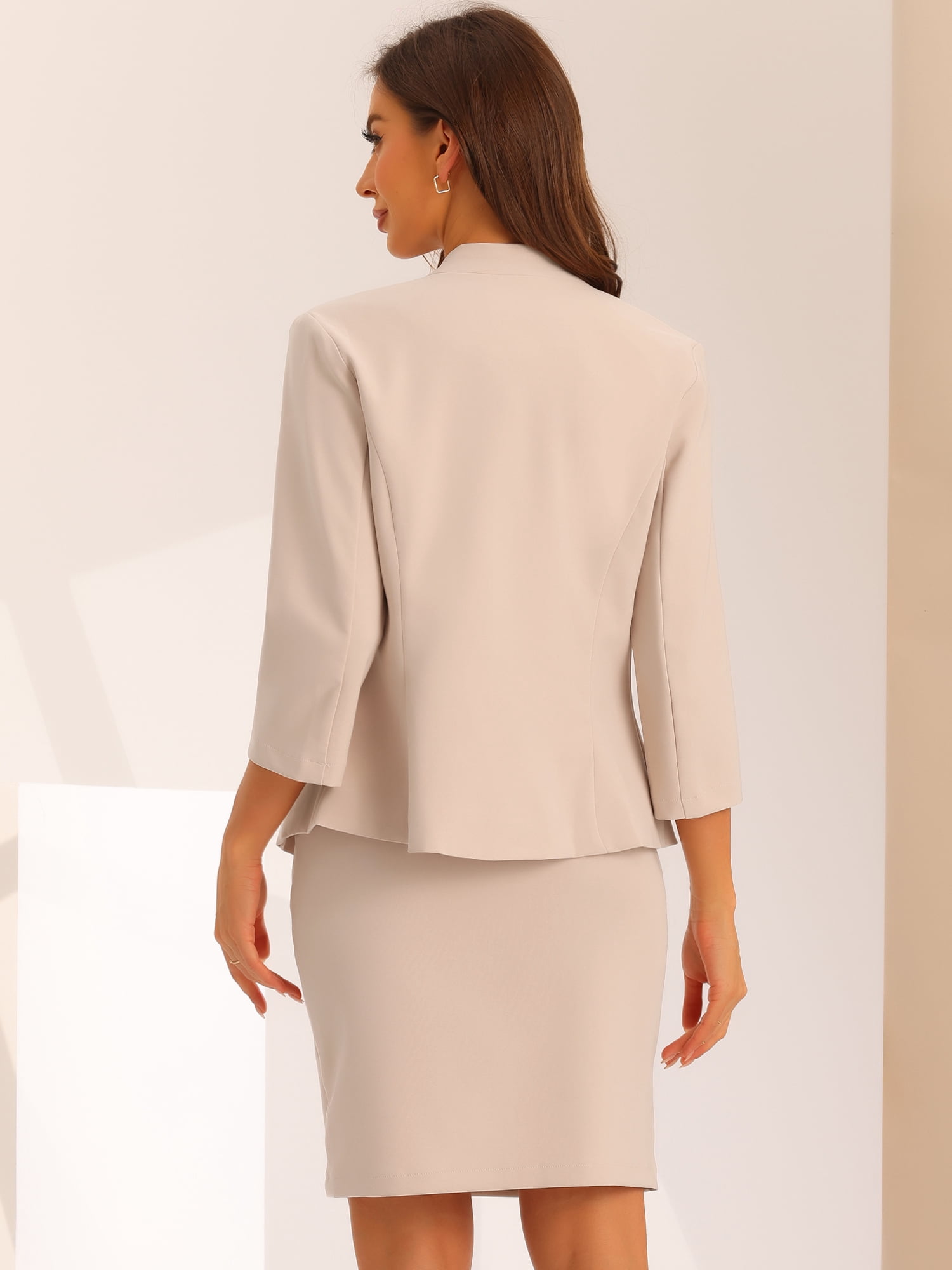 DARING DIVA 2Pcs Women's Notched Collar Business Pencil Skirt Suit Set M Beige