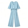 thumbnail image 4 of LEKWK Vacation Outfits for Women Elegant V Neck Long Sleeve Oversized Top and Wide Leg Pants Linen Matching Set Casual Travel Beach Loungewear, 4 of 6