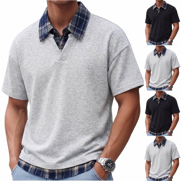 IhhxPro Men's Short Sleeve Plaid Collar Collared Shirt Business Casual Summer Tee Button-Down Relaxed Fit Cotton Office Weekend Wear M-3XL
