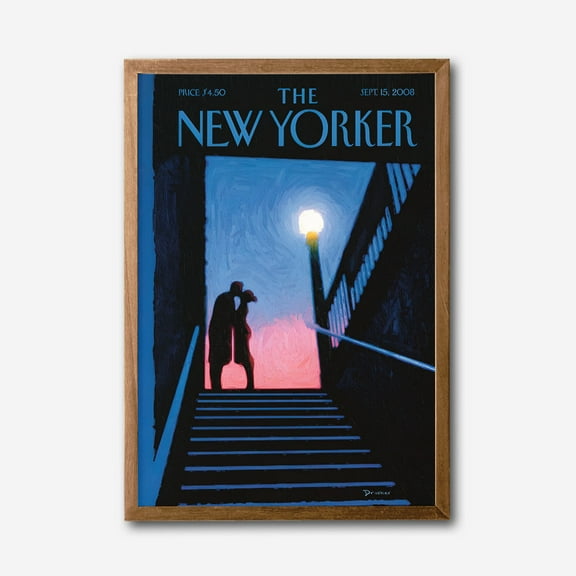 Romantic Silhouette City Sunset Canvas Wall Art, New Yorker Magazine Cover Print, Urban Staircase Night Scene, Modern Framed Home Decor