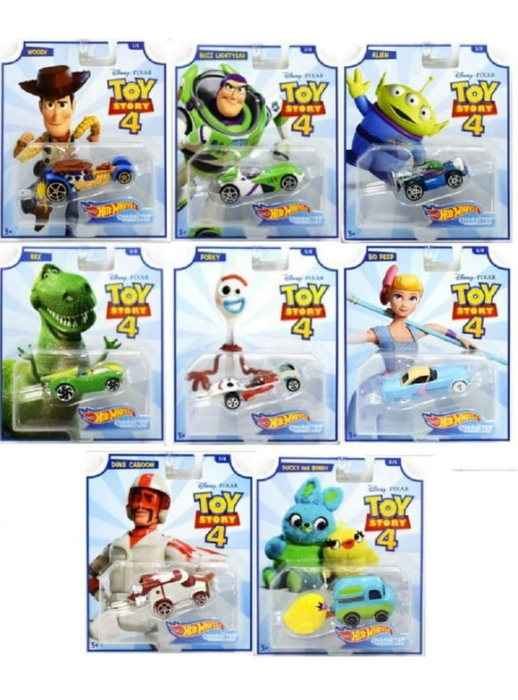 Hot Wheels Toy Story 4 - Complete Set of 8 Collectible Character Cars - Woody, Buzz Lightyear, Alien, Rex, Forky, Bo Peep, Duke Caboom, Ducky & Bunny