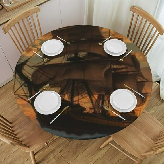 Fantasy Pirate Ship Print Elastic Round Table Cloth Cover,Round Elastic Tablecloth Waterproof