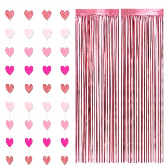 Pink Heart Garland Banner 52ft and 2 pack Tinsel Curtain Backdrop Set for Wedding, Birthday, Anniversary Decorations, and Heart Party Decoration