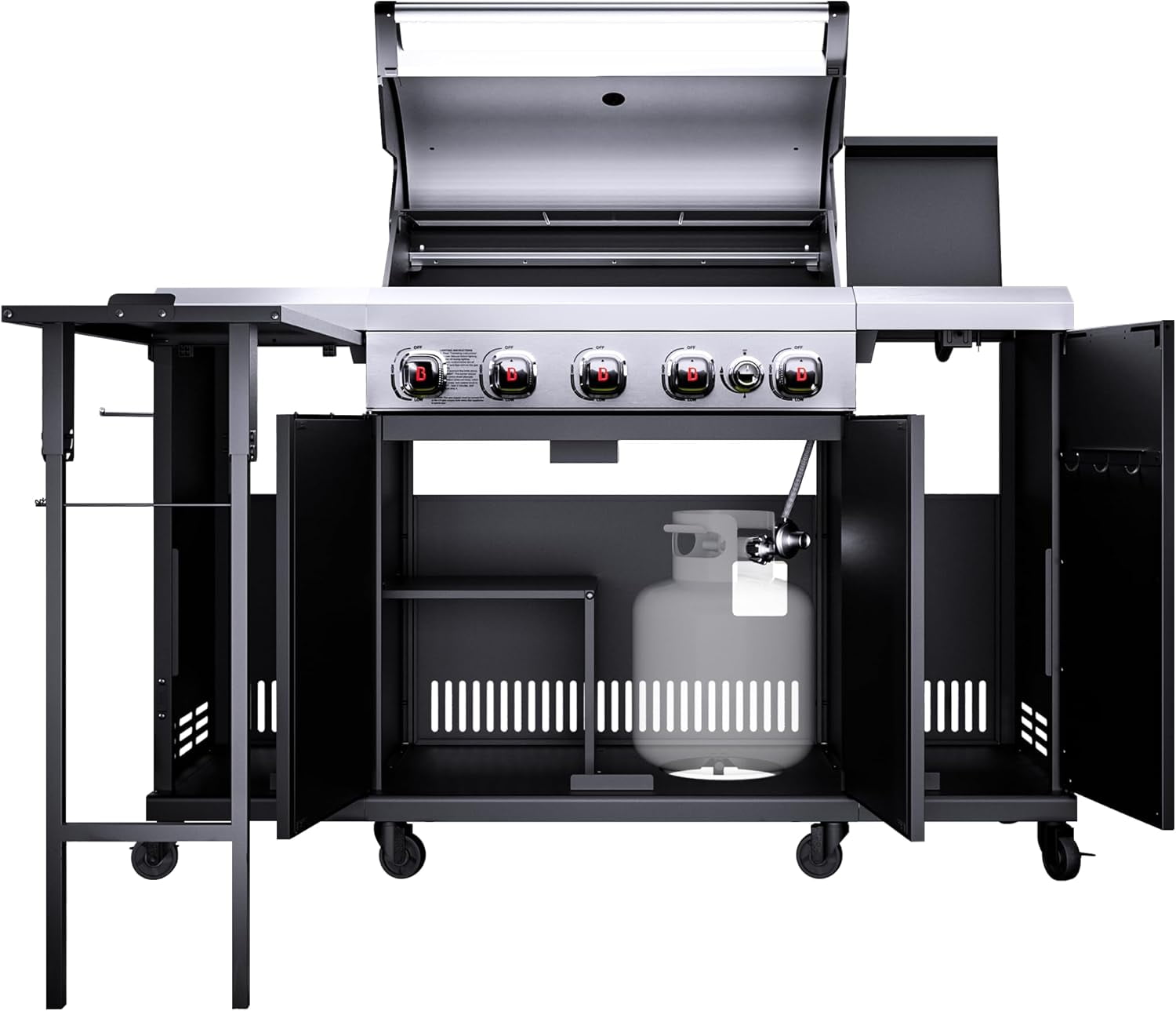 Brand Man 5-Burner Outdoor Gas Kitchen Grill Island with Side Burner, BBQ Station with Storage Cabinets and Fold-out Prep Table, LPG/NG Convertible