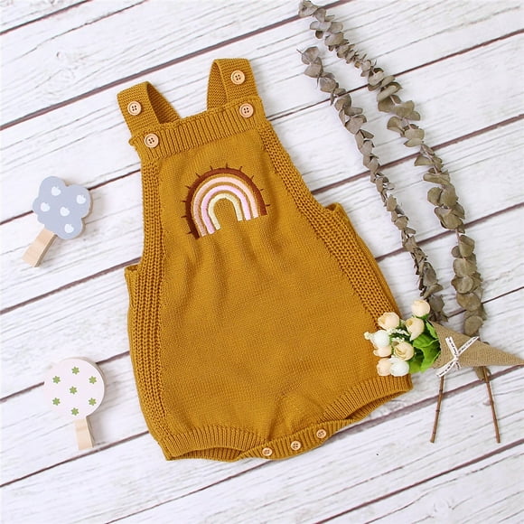 Infant Baby Girls Sleeveless Jumpsuit, Knitted Romper Embroidered Rainbow Pattern Bodysuit