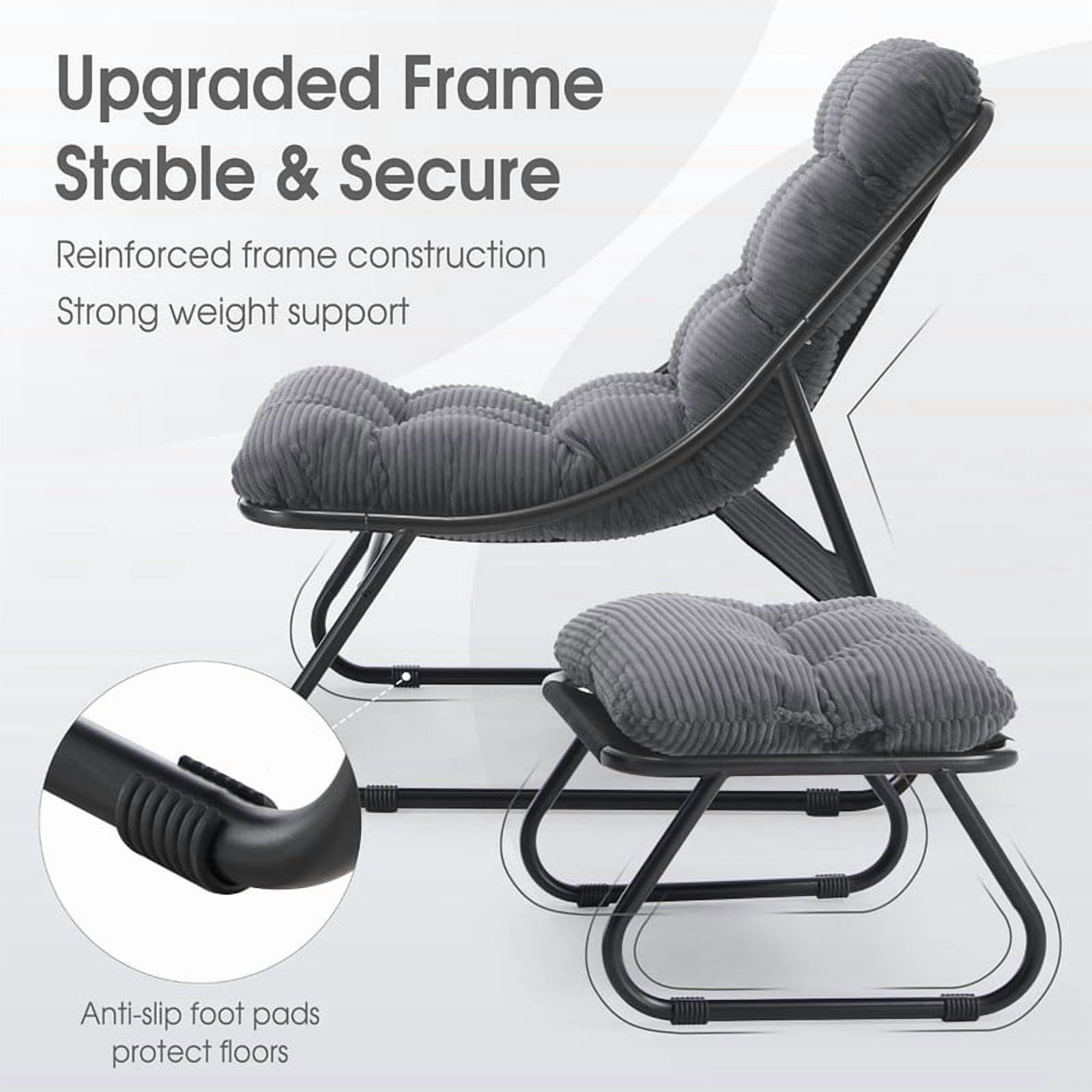 Modern Patio Lounge Chair with Ottoman, Comfy Sling Recliner Chair with Puffy Cushion and Foot Stool for Indoor Outdoor Living Room