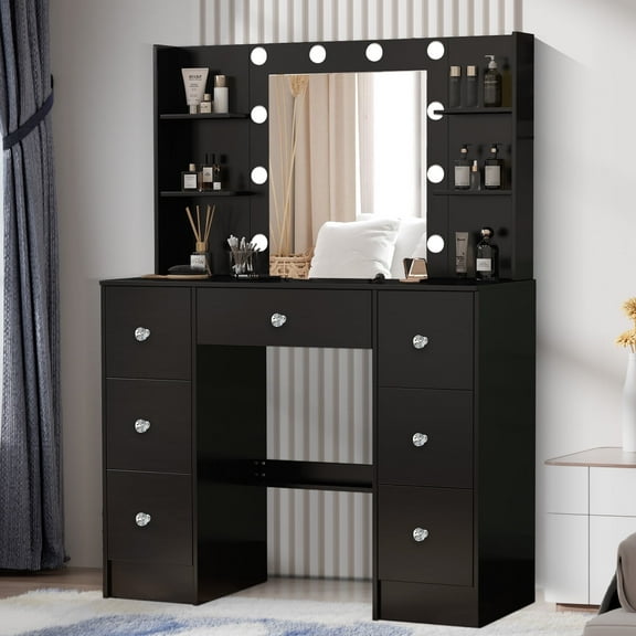 Ciumeeo Black Vanity Table with Lighted Mirror, 39.4 inch Makeup Vanity Desk with Storage Drawer & Shelves for Bedroom