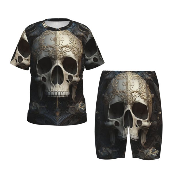 Balery Gold Pattern Skull Conjunto de Pijama Infantil de Manga Corta con Estampado – Ropa de Dormir de Algodón Suave-Large