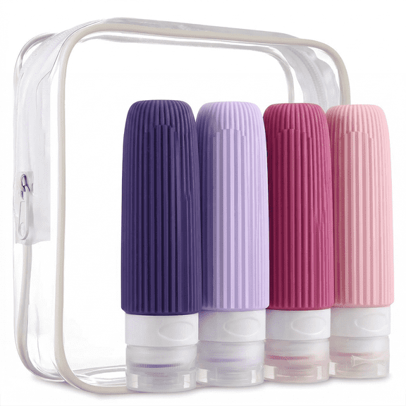 ROSEXIXI 4 Pcs Purple Pink  Silicone Travel Bottles,  Free Refillable Squeezable Travel Containers for Toiletries, Shampoo, Lotion