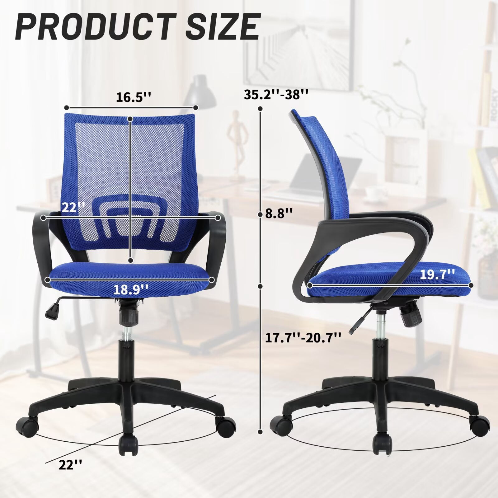 CL.HPAHKL Mesh Office Chair with Wheels, Adjustable Ergonomic Computer Desk Chair with Lumbar Support & Armrest, Comfortable Swivel Rolling Chair for Home Office Work Study, Blue