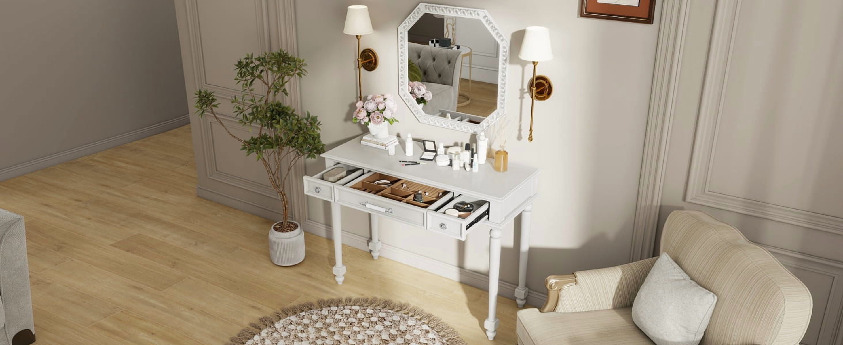 Euroco Vintage Vanity Desk with Octagonal Mirror – Distressed White Makeup Table with Storage Drawers & Carved Details