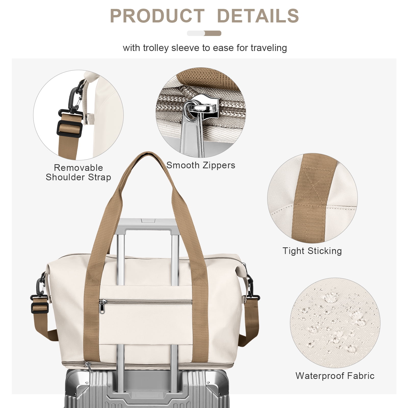 Travel Bag, Waterproof Duffel Gym Tote Bag, Weekender Carry On Overnight Bags for Women Men Approved Personal Item Bag for Airlines with Trolley Sleeve, Travel Duffel Bags, Beige Brown