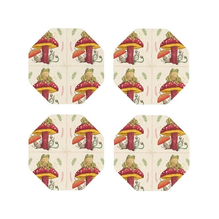 

Tebeau Frog Sitting On Mushroom Print Set of 4 Leather Drink Coasters Round Cup Mat Pad for Home and Kitchen Use 4 -Octagon