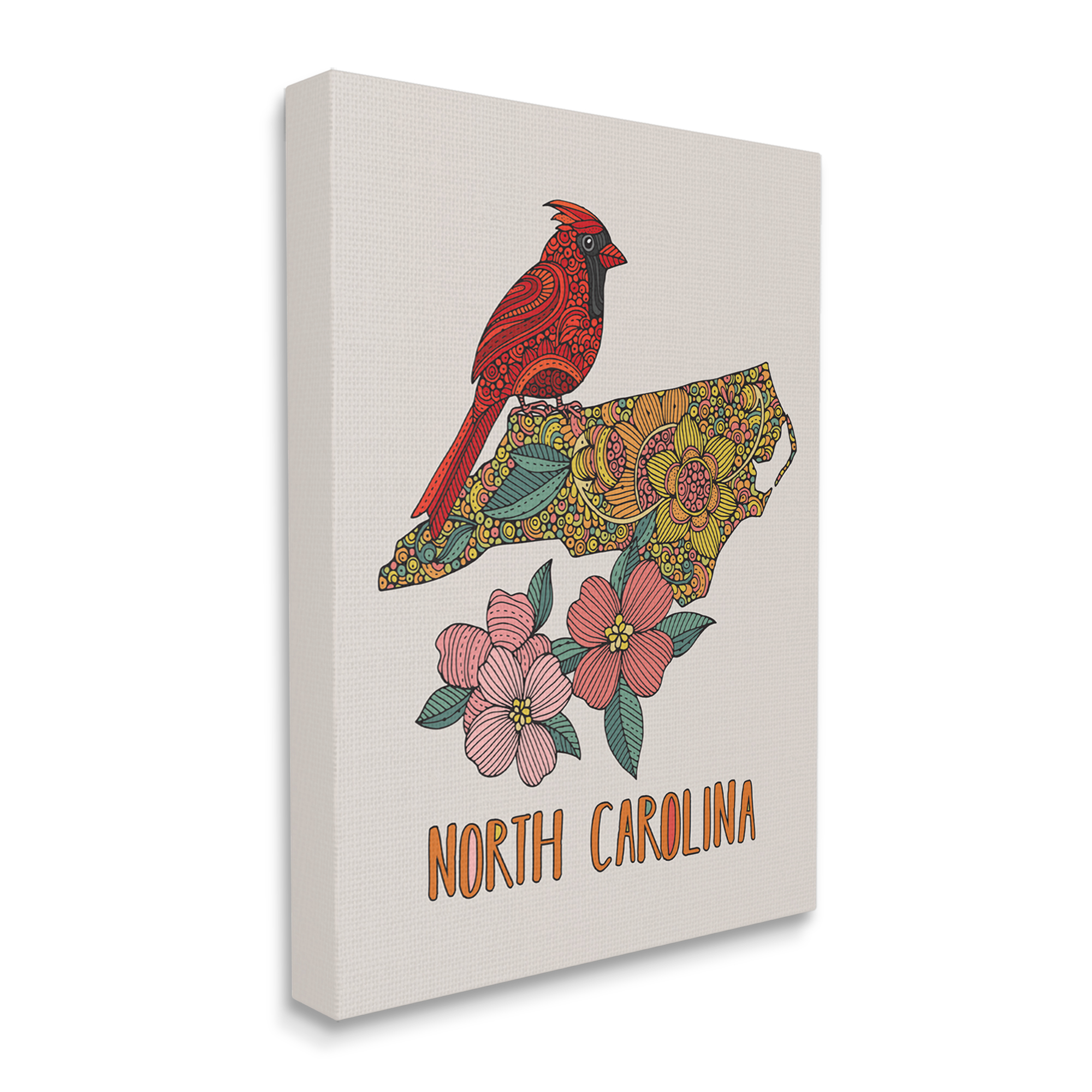 Stupell Industries North Carolina Cardinal Detailed Floral State Pattern Graphic Art Gallery Wrapped Canvas Print Wall Art, Design by Valentina Harper