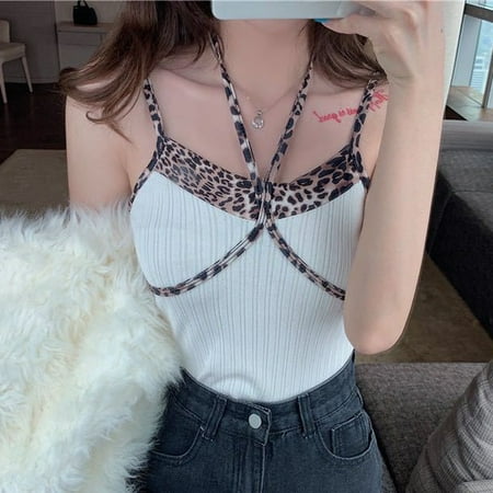

Outfmvch Womens Tops Women s Fashion es V-Neck Knitted Camisole with Open Neck Tank Ladies Leopard Print Splicing Lace-Up Two-Wear Halter White One Size