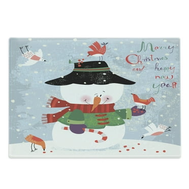 Snowman Cutting Board, Christmas and New Year Theme Snowman with Birds Candy Cane Grungy Backdrop, Decorative Tempered Glass Cutting and Serving Board, Large Size, Multicolor, by Ambesonne