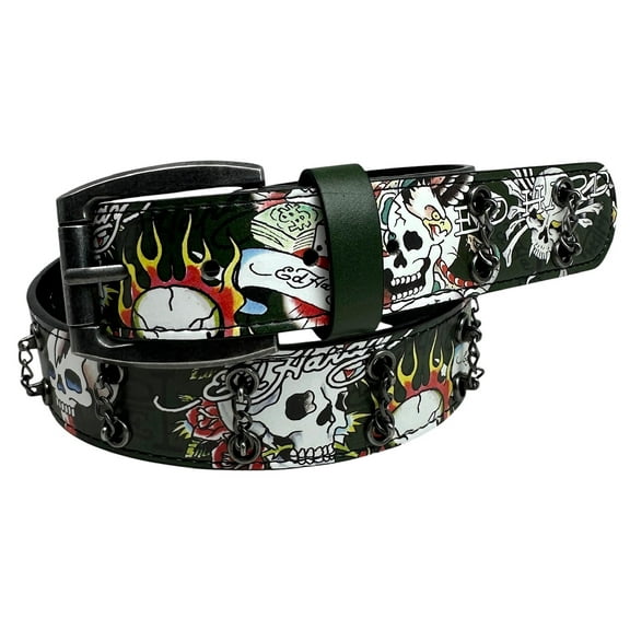 Ed Hardy Men's Skull Tattoo Olive Belt With Chains (34, Olive)