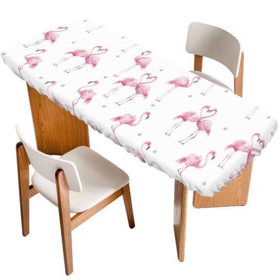 Pink Flamingo Table Cloths for 8 Foot Rectangle Tables, Summer Tropical Animals Patio Waterproof Elastic Fitted Tablecloths, Washable Rectangular Table Cover for Camping