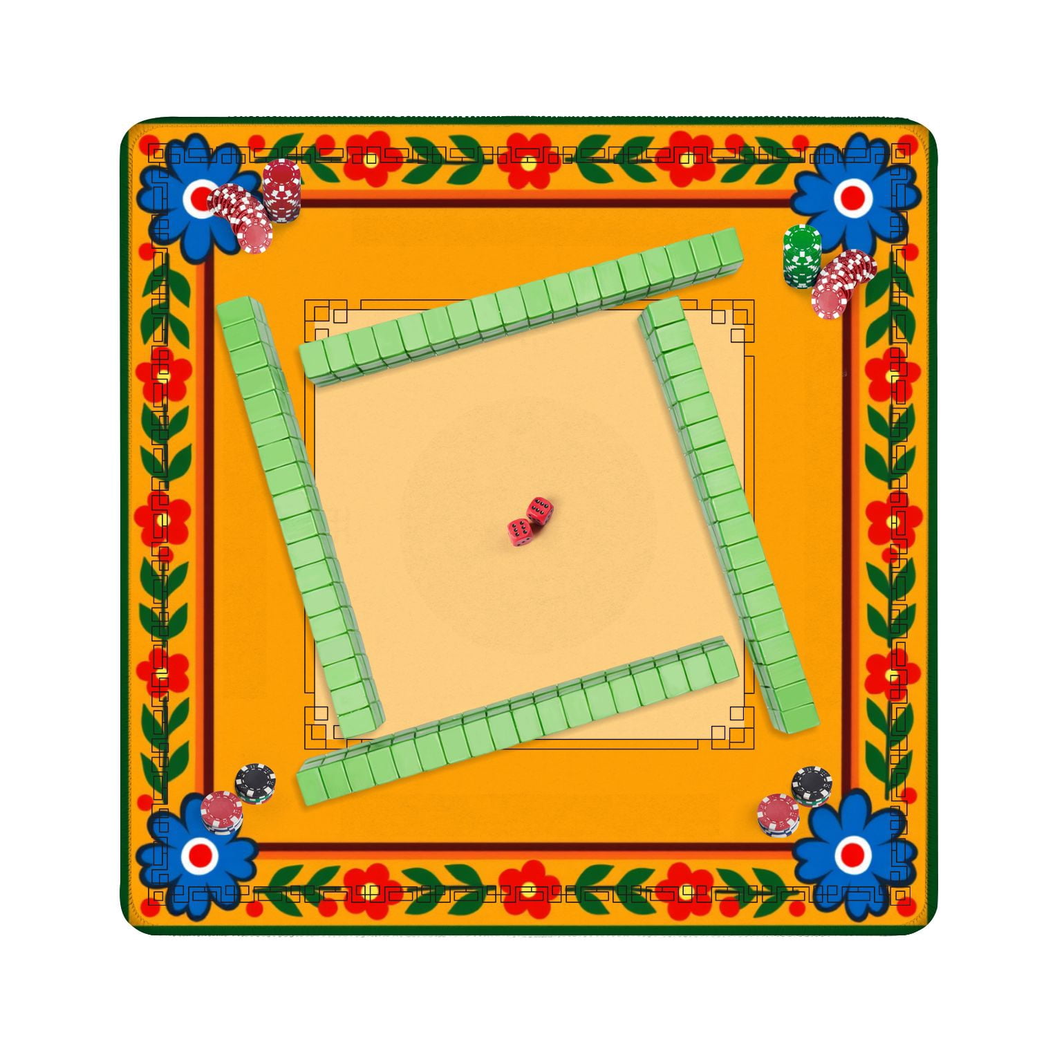 Mahjong Mat 31.5" x 31.5" Colorful Folk Art Floral Border Blue Red Flowers Orange Non-Slip Noise Reduction American Mahjong Tiles Table Cover for Dominoes Poker Card Board Games Gift