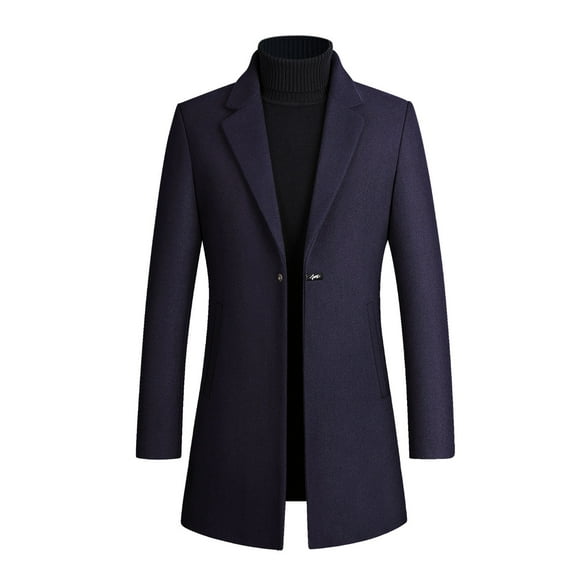 IYTR Mens Woolen Coat Long Sleeve Jacket Zipper Lapel Fashion Woolen Overcoat Jacket with Pocket Solid Color Navy L