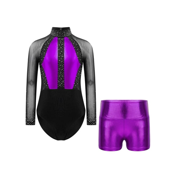 iiniim Kids Girls Dance Outfits Long Sleeve Shiny Rhinestones Gymnastic Leotards with Metallic Shorts Set Activewear Purple 10