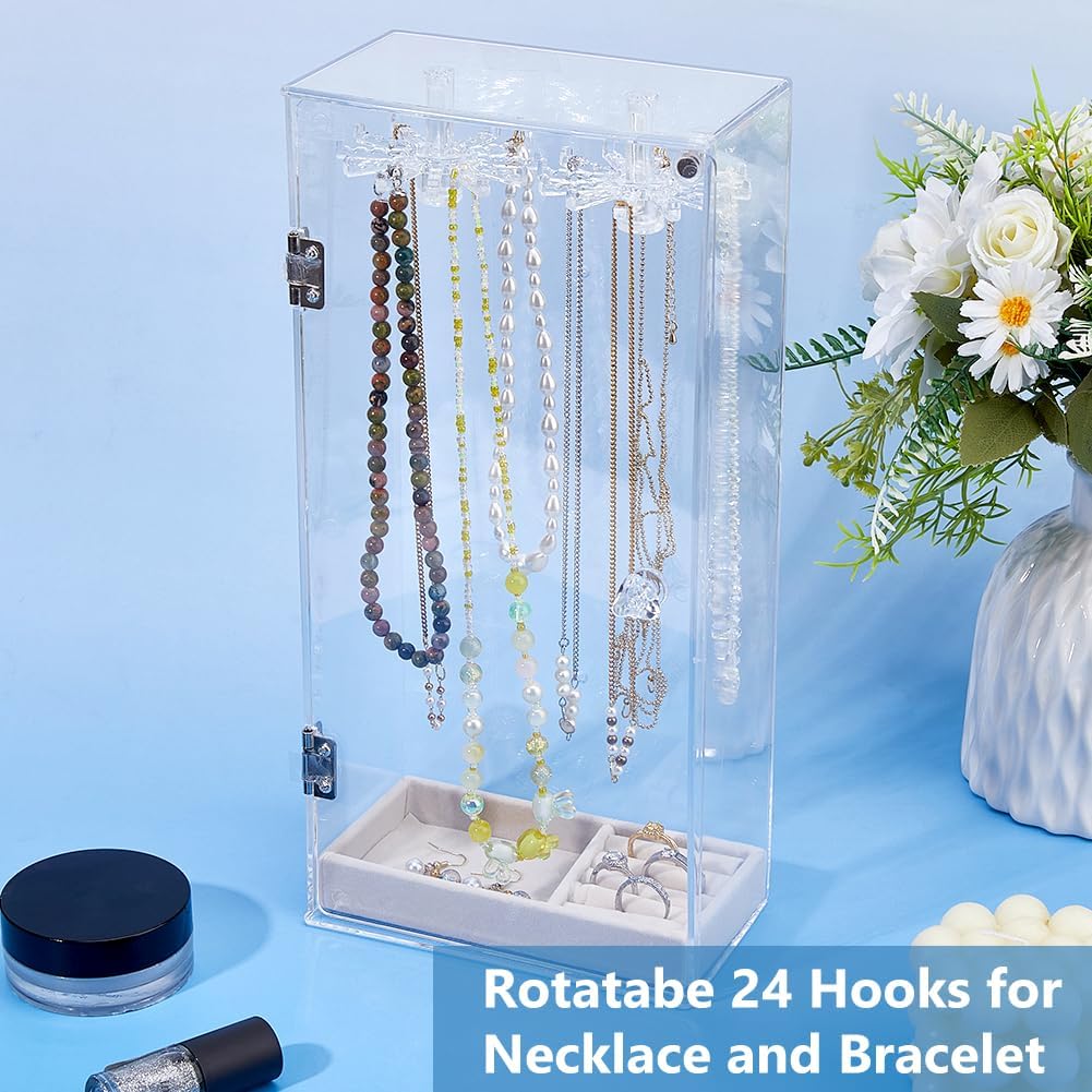 Rotatable Necklace Holder Organizer Acrylic Jewelry Organizer with 24 Hooks Clear Dust-proof Jewelry Storage Case with Velvet Tray for Long Necklaces Pendant Bracelets