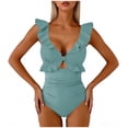 thumbnail image 4 of AHTJRT Women's One Piece Ruffle Swimsuit Plunging Neck Tie Back Swimwear Cutout Slimming High Waisted Monokini with Chest Pad Light Blue M, 4 of 6