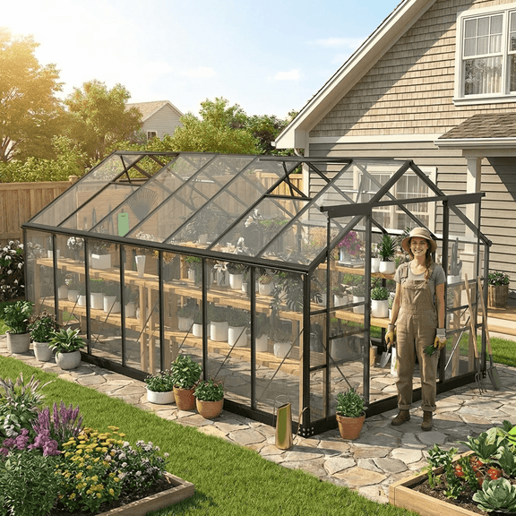 NEORIVER 8x14.2 FT Polycarbonate Greenhouse for Outdoors – Heavy Duty Aluminum Frame with Adjustable Roof Vent & Sliding Doors, Windproof Garden Green House