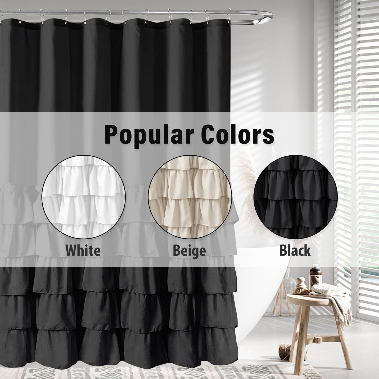 Seasonwood Farmhouse Ruffle Shower Curtain with Buttons and 12 Hooks for Bathroom, Black, 72" x 84"