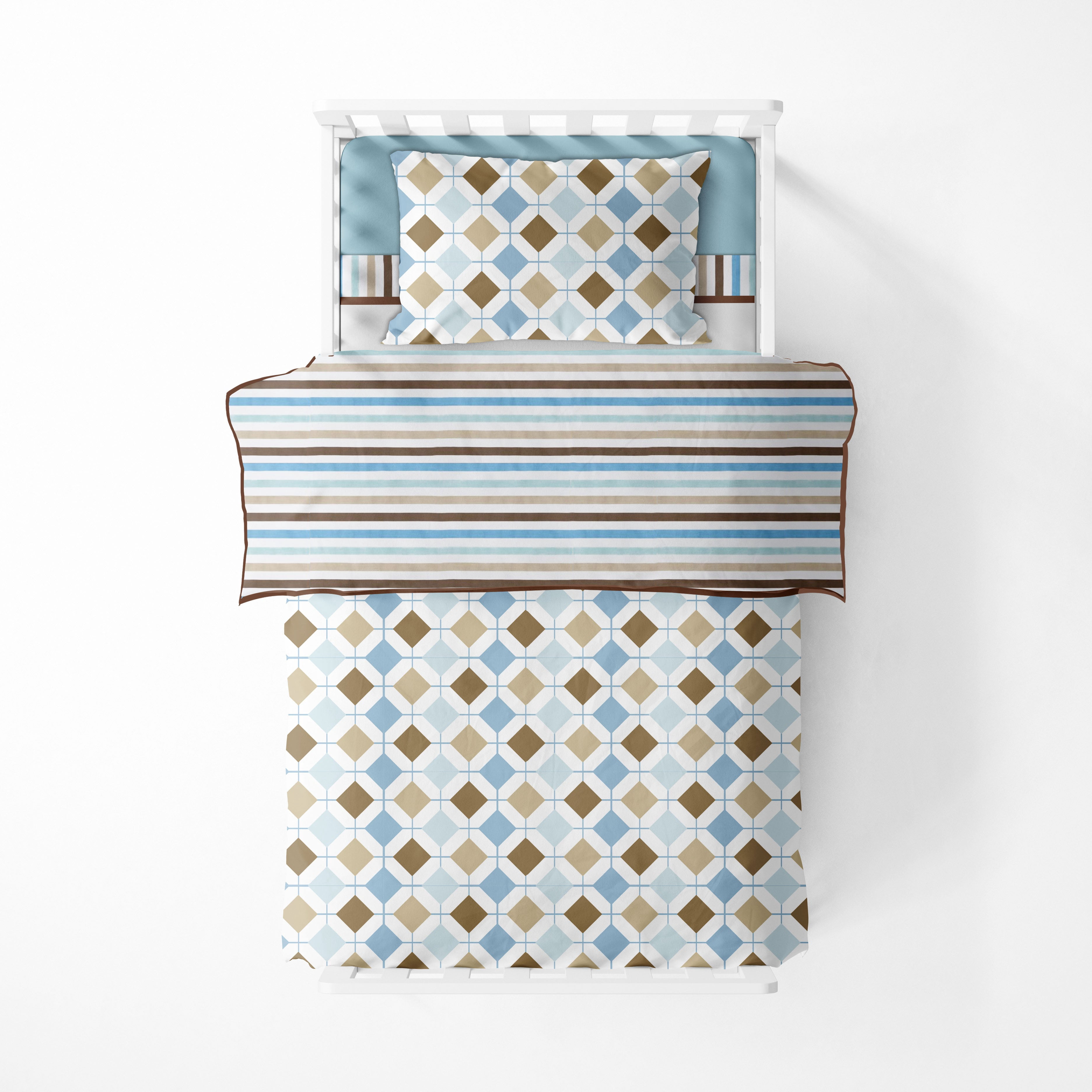 Bacati - Boys 4 pc Toddler Bedding/3 pc Sheet Set 100% Cotton Percale, Mod Diamonds Stripes, Aqua/Teal/Beige/Brown