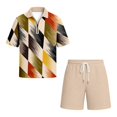 thumbnail image 4 of Men Striped Waffle Knit 2 Piece Outfit, Half Zip Short Sleeve Polo Shirt & Matching Drawstring Shorts Summer Casual Set Khaki L, 4 of 4