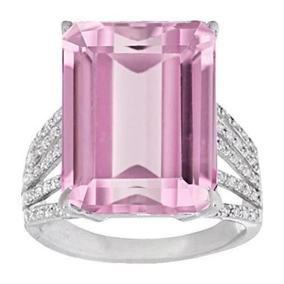22 CT Pink Natural Kunzite & Diamond Wedding Ring, 14K White Gold - Size 6.5