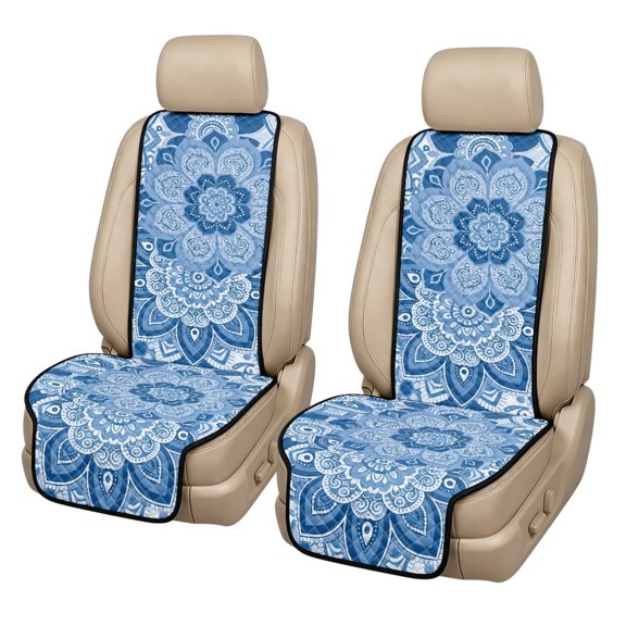 CHAQLIN Blue Mandala Print Quilted Car Front Seat Covers, Machine Washable Polyester Fabric Vehicle Seat Protector 2 Pcs Set Quilted Design Car Seat Covers for Sedan