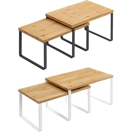 SONGMICS Kitchen Counter Organizers and Cabinet Shelves Bundle, Set of 4 Expandable Kitchen Cabinet Shelves, Metal and Bamboo, Black, Natural, and White UKCS02NB and UKCS02NW