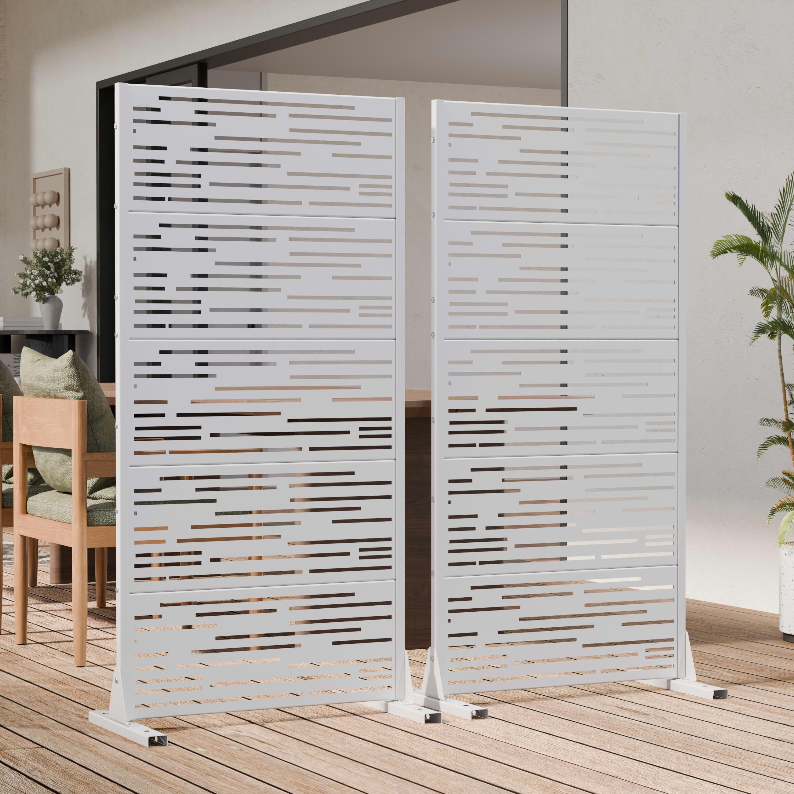 MAYEERTY Outdoor Metal Privacy Screen 5ft White, 5-Panel Light & Shadow Pattern, Rust-Resistant for Garden